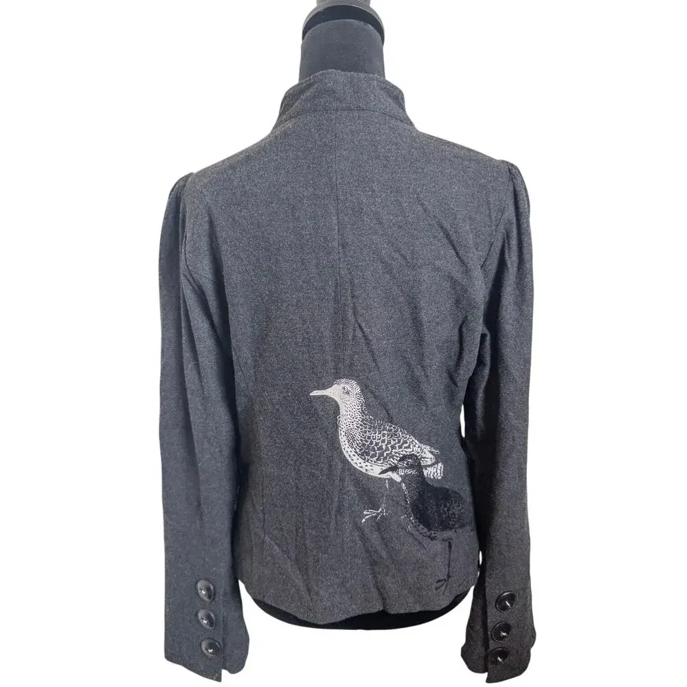 Anthropologie Elevenses Gray Structured Jacket Bird Print Fitted Blazer Size 10